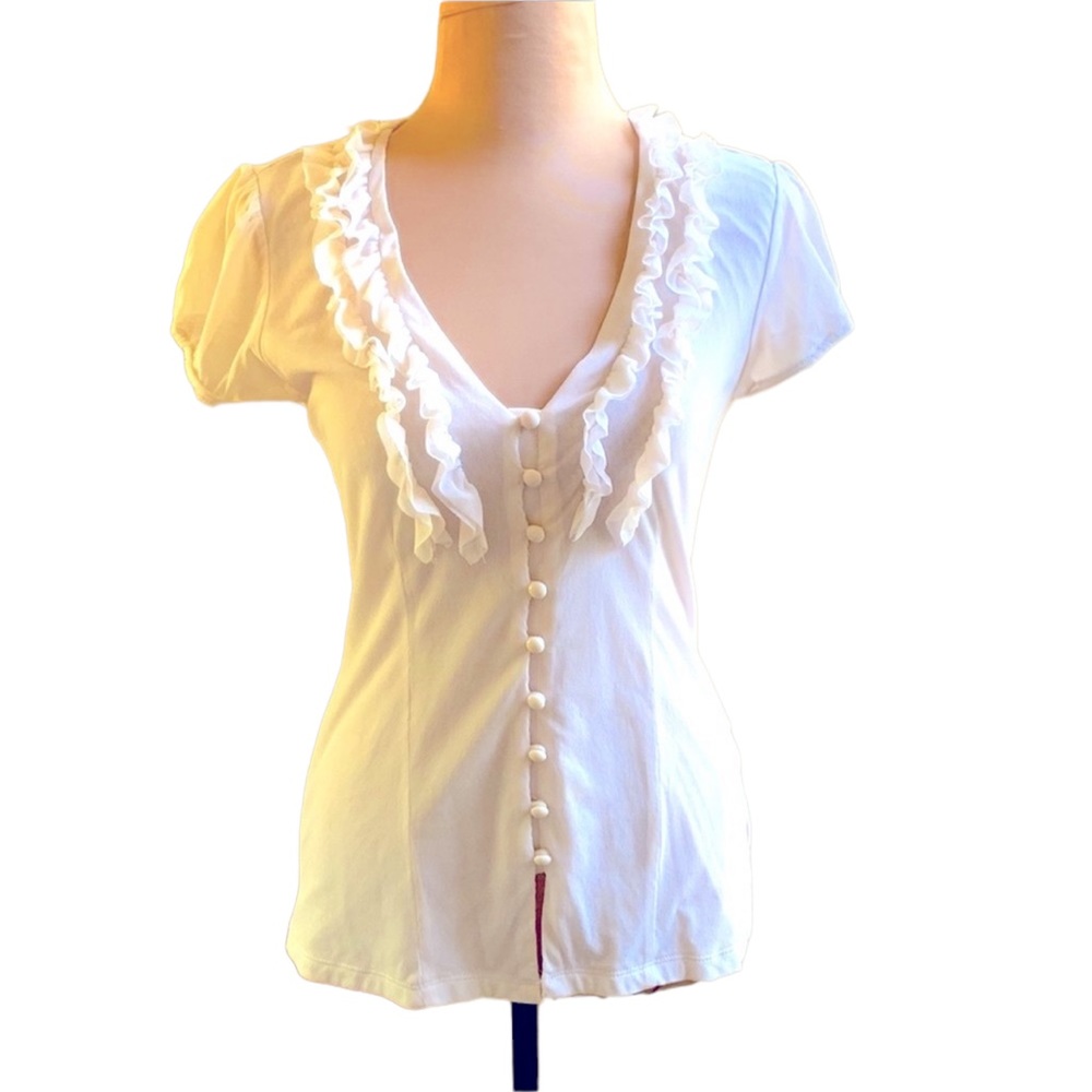 New York & Company cream v neck stretch mesh top with ruffles